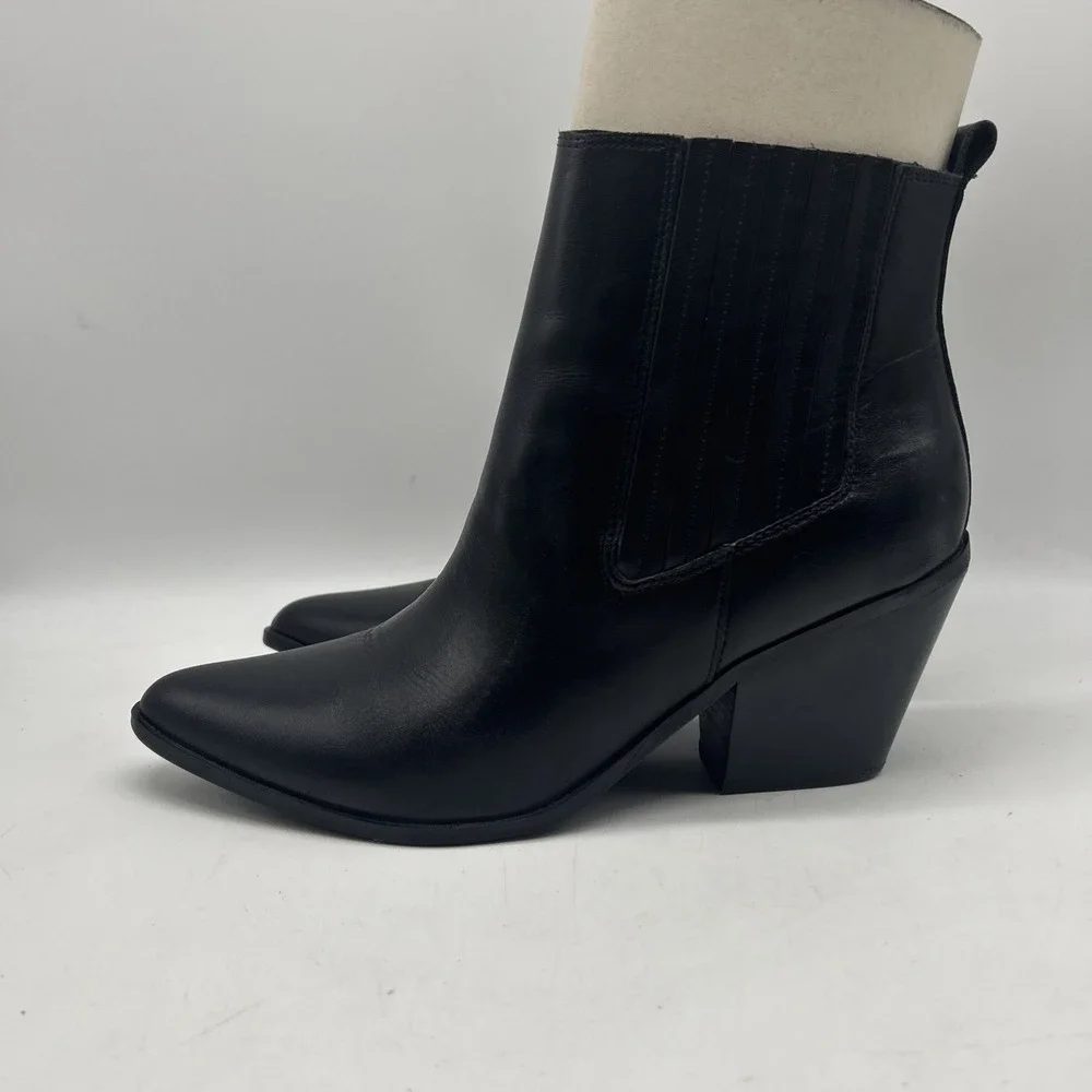 Nine West Ankle Boots Womens 9 Black‎ Leather Block Heel Western Chelsea Bootie